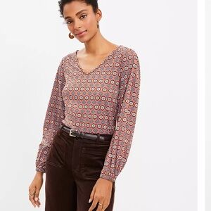 Loft Rust Orange Medallion Pleated V-neck Long Sleeve Blouse NWT